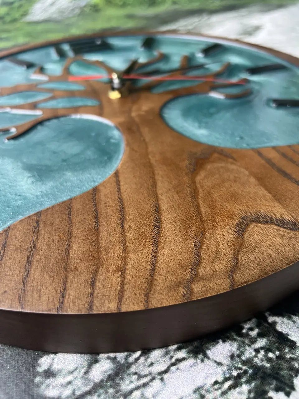 Round Wood Wall Clocks featuring a Tree of Life and turquoise epoxy resin
