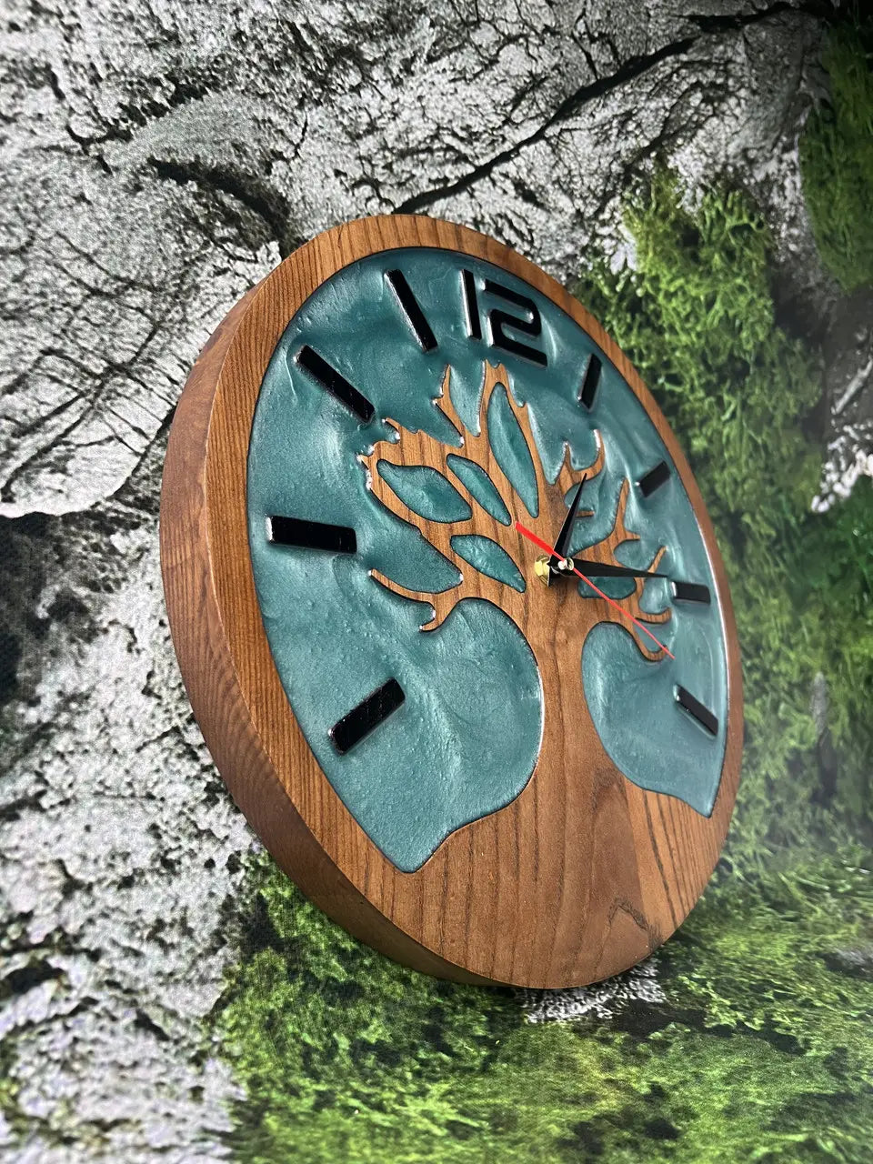 Tree of Life Wood Wall Clocks made with wood and blue epoxy resin