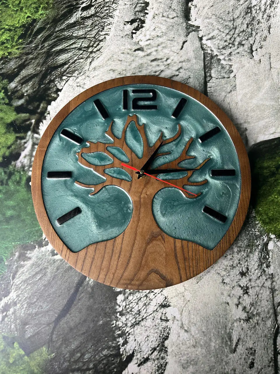 Wood Wall Clocks with Tree of Life design in ash wood and blue epoxy resin
