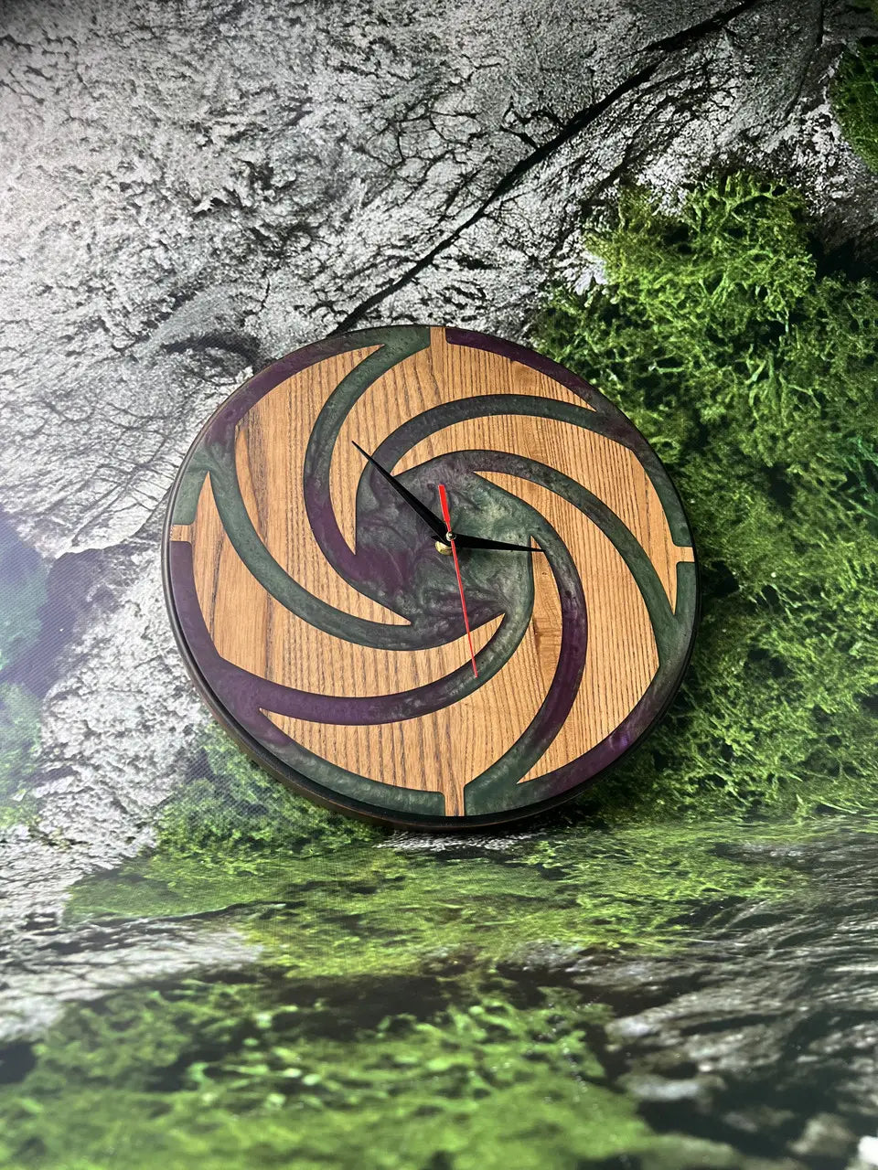 Wood Clocks with dark epoxy resin and flowing wooden swirl design