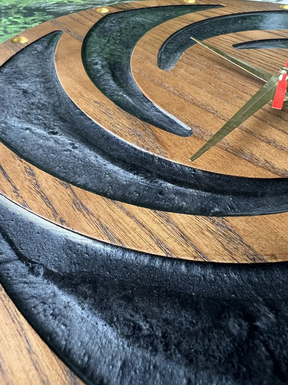 Wood Frame Wall Clocks with natural wood grain and black epoxy details