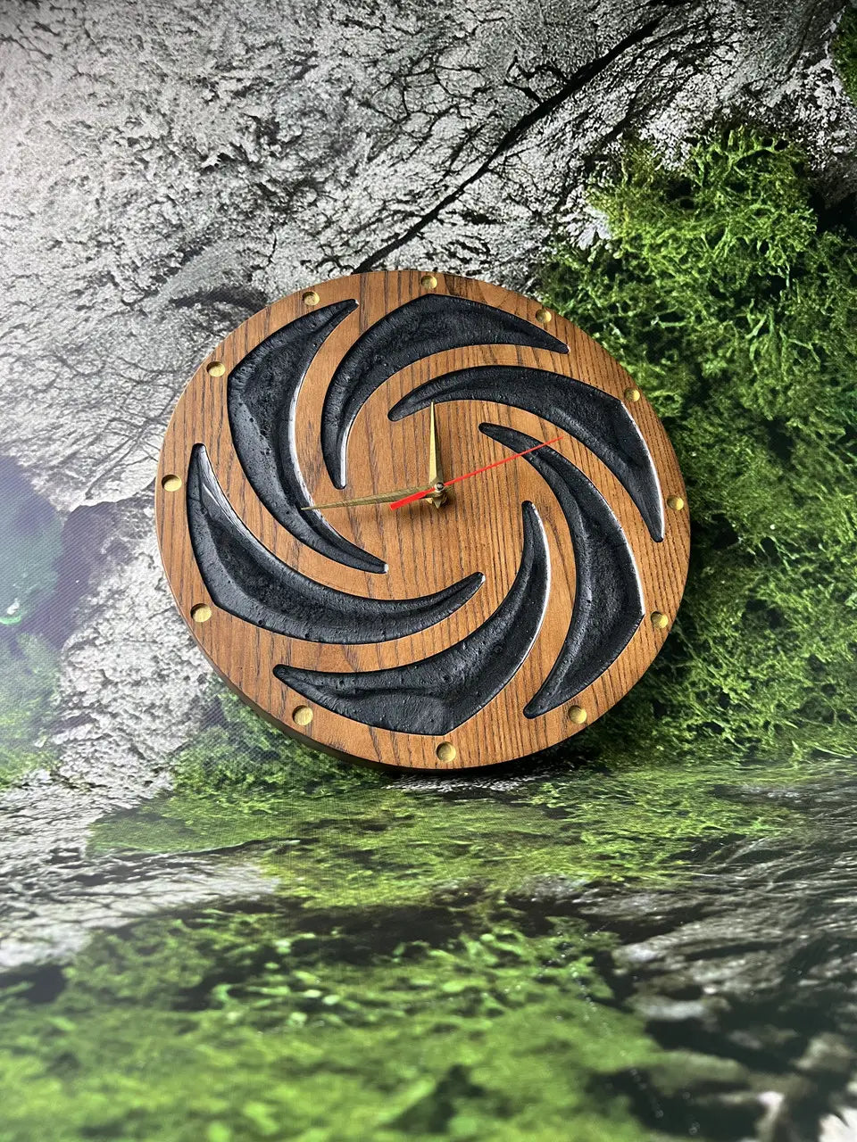 Wood Frame Wall Clocks with black epoxy resin spiral design
