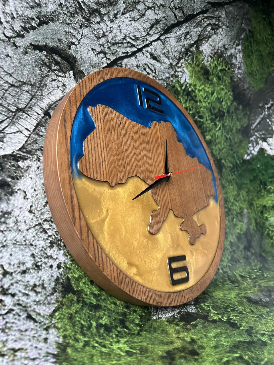 Wooden Wall Clocks made from natural wood with blue and yellow resin
