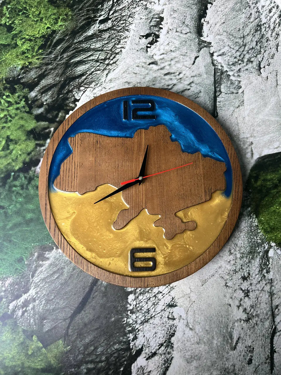 Wooden Wall Clocks with Ukraine map in blue and yellow epoxy resin