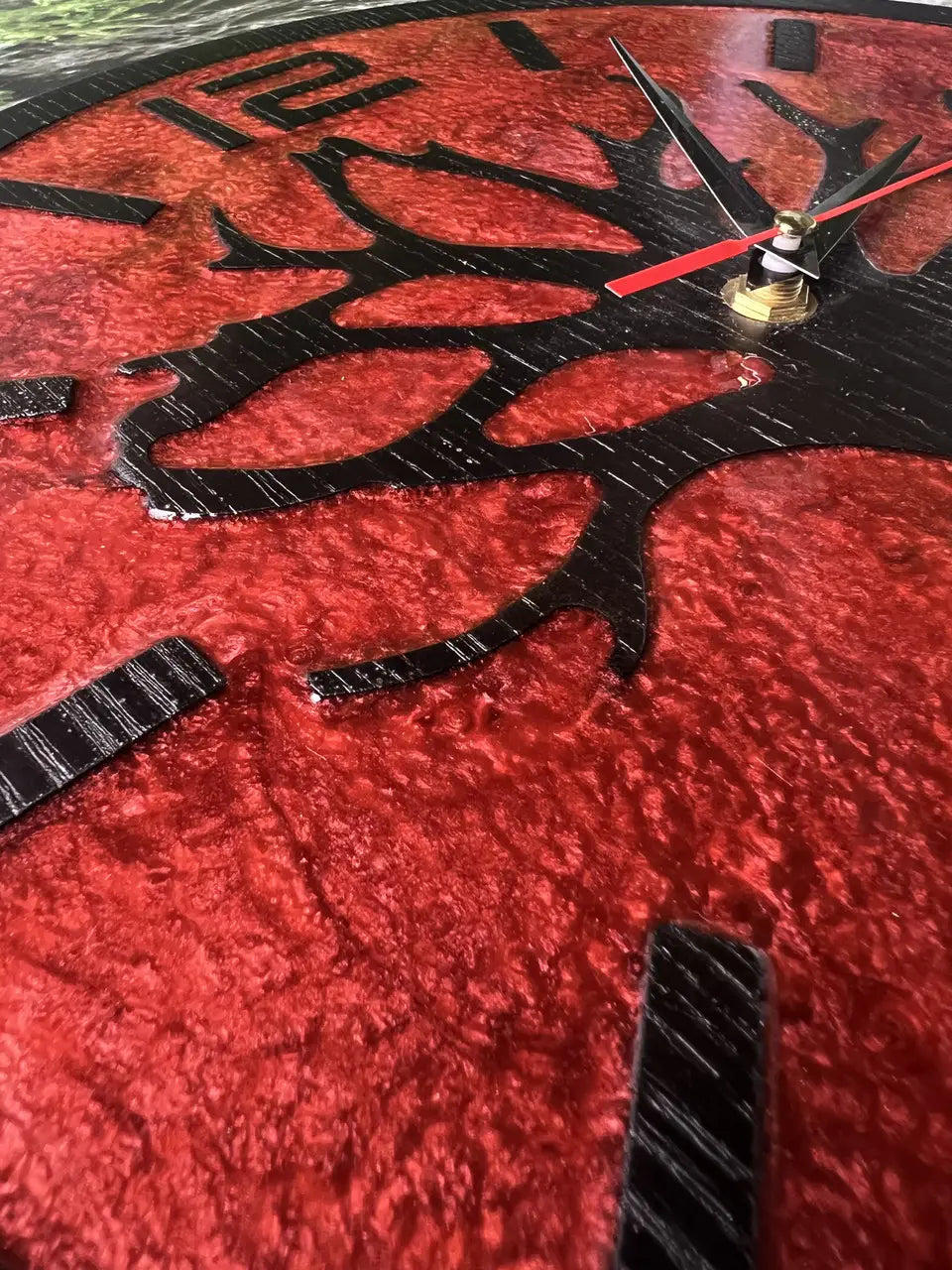 Handmade Wooden Clocks for Walls with red resin and tree design