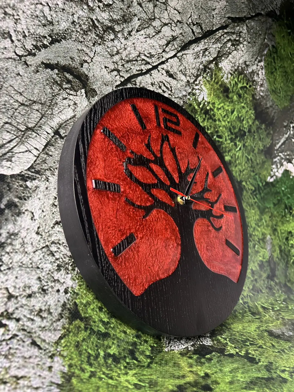 Tree of Life Wooden Clocks for Walls with red epoxy resin finish