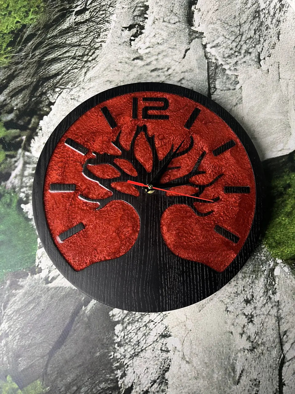 Wooden Clocks for Walls with red epoxy resin Tree of Life design