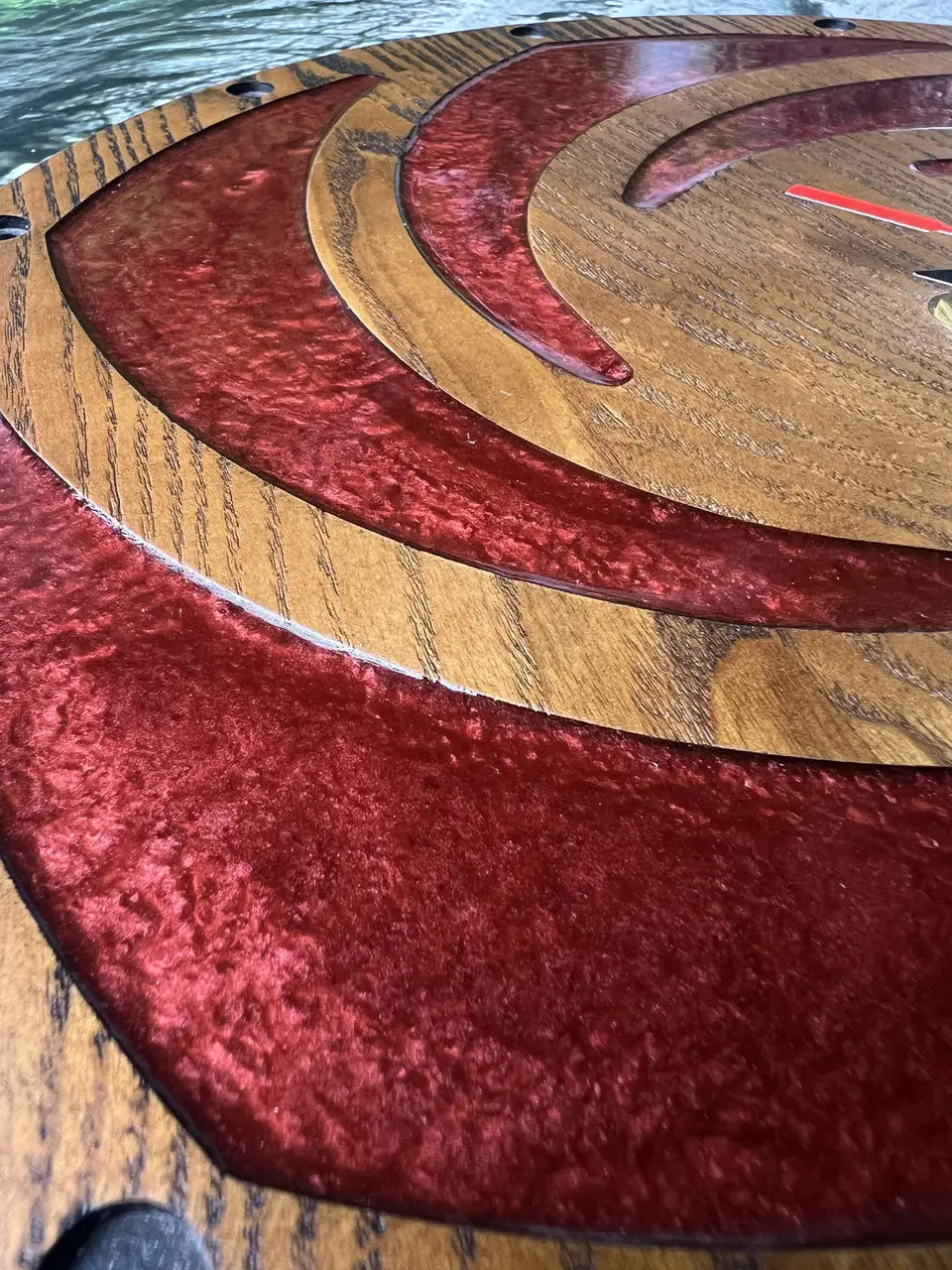 Handmade Clock Wall Wood with natural grain and red epoxy design