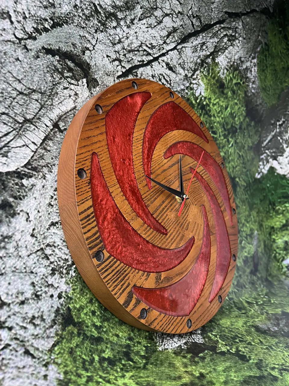 Clock Wall Wood featuring geometric red epoxy spiral pattern