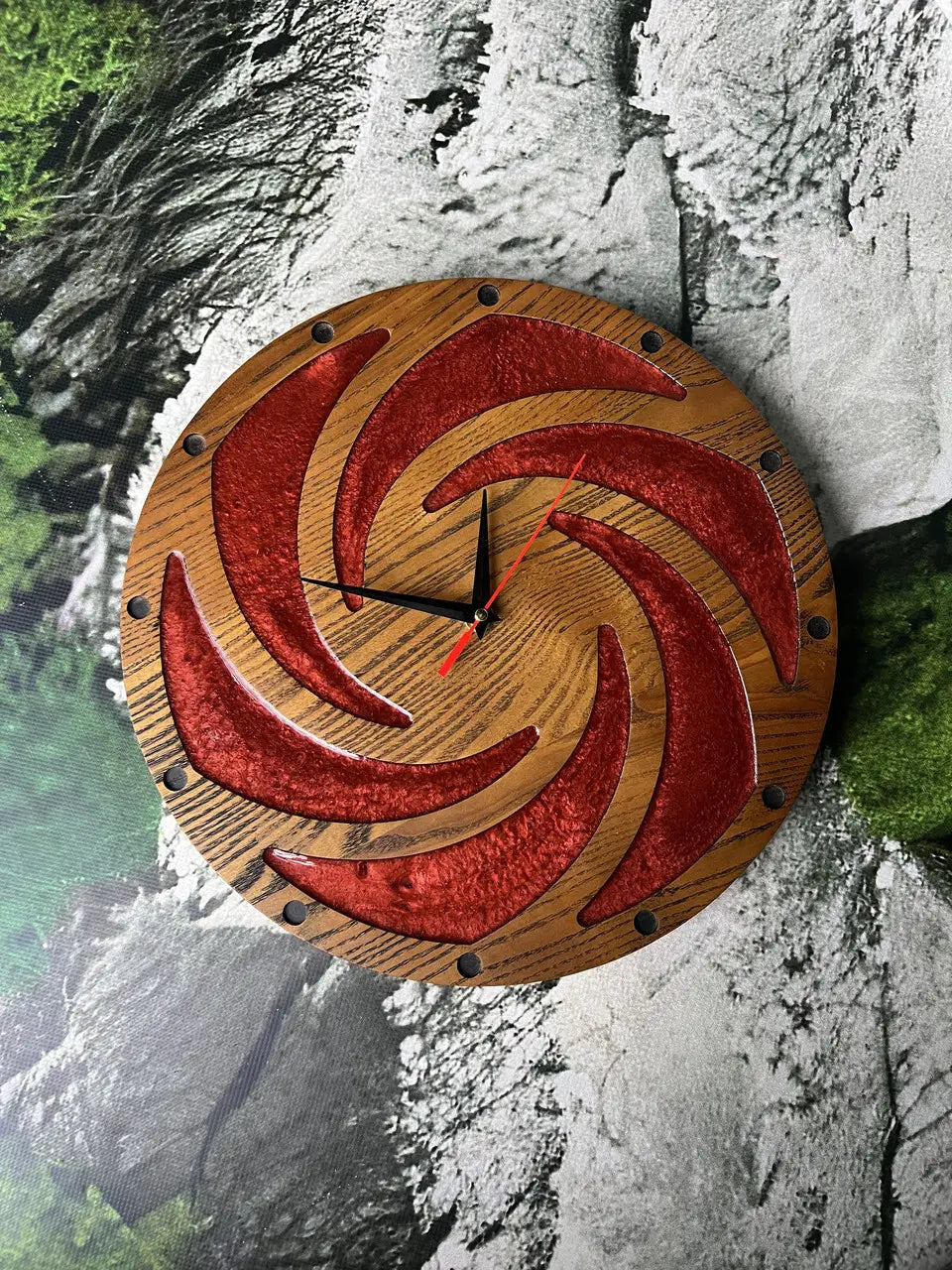 Clock Wall Wood with red epoxy resin spiral design