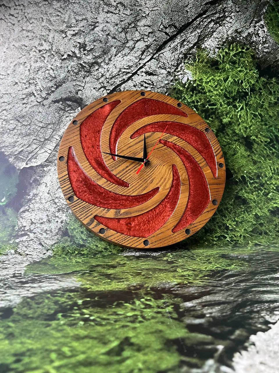 Clock Wall Wood handmade from natural ash and red resin