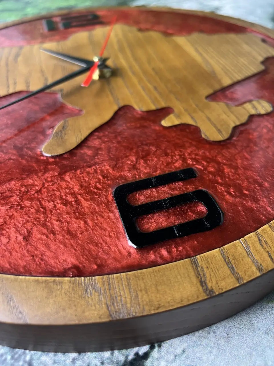 Handmade Resin Wall Clock featuring wood and red epoxy design