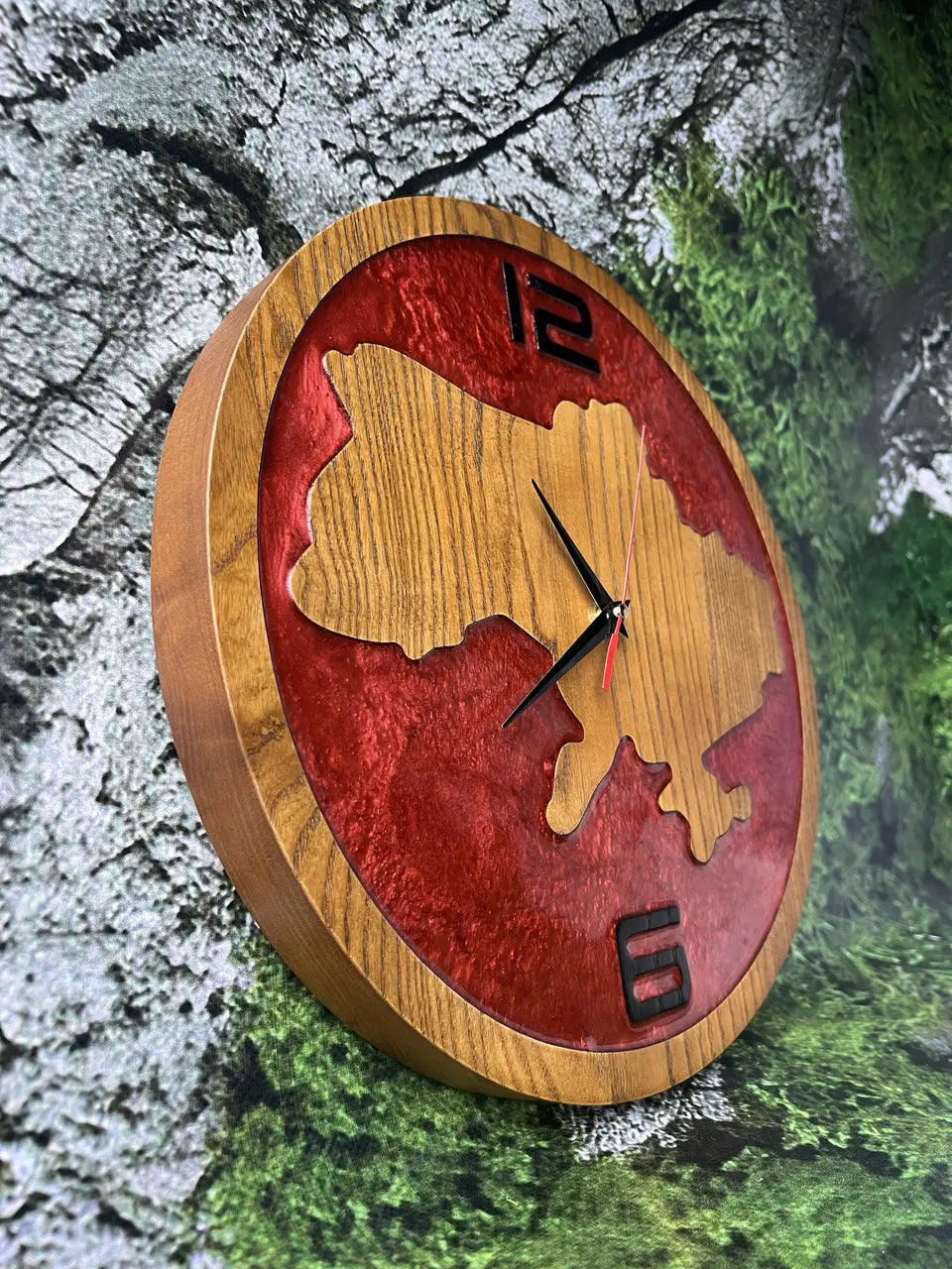 Red Resin Wall Clock with natural wood map of Ukraine