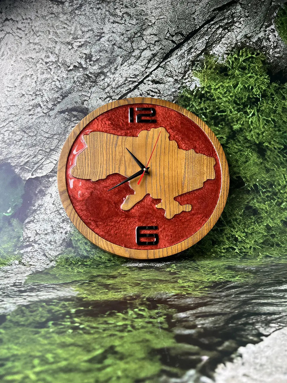 Resin Wall Clock handcrafted from ash wood with Ukraine map design