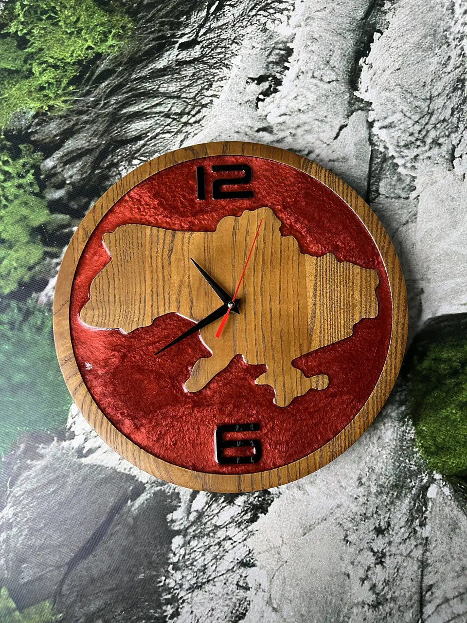Resin Wall Clock with wooden Ukraine map and red epoxy resin