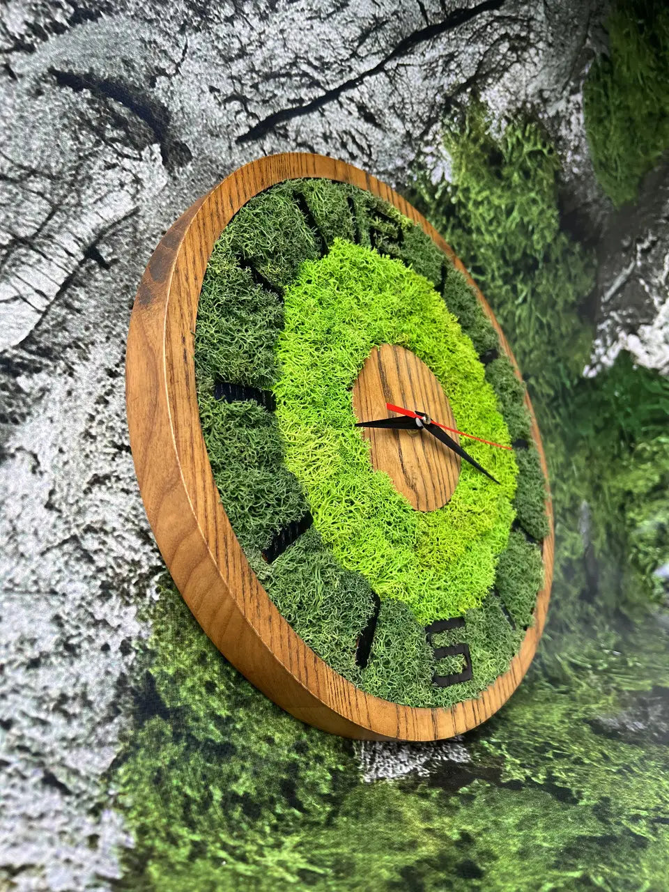 Wooden wall clock handmade from ash wood and preserved moss