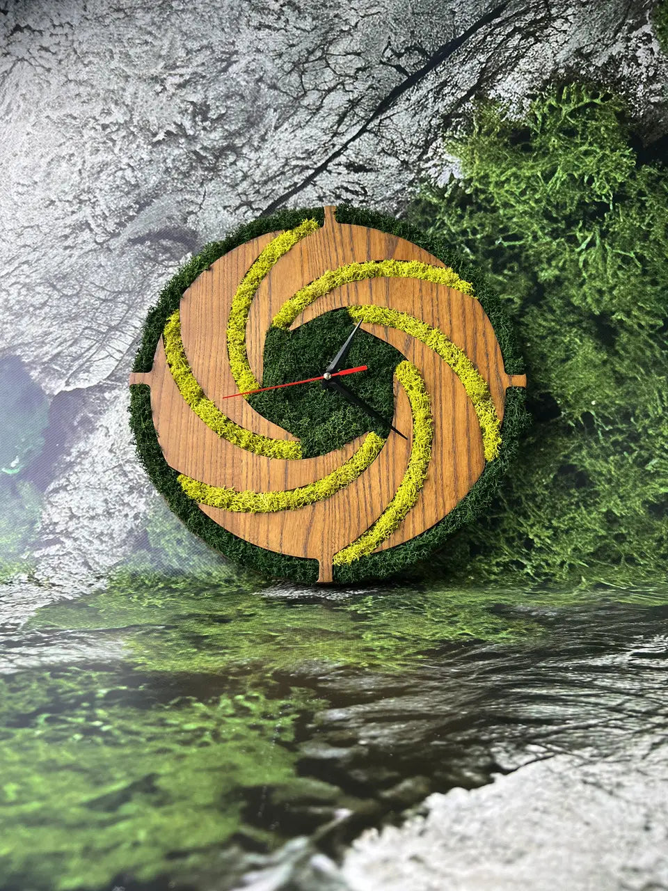 Wood frame wall clocks featuring spiral ash wood design