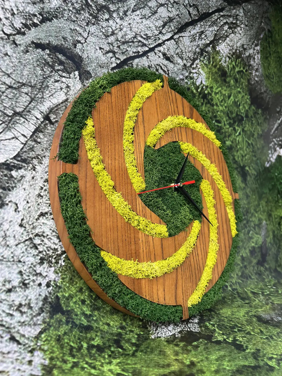 Wood frame wall clocks with green preserved moss decoration