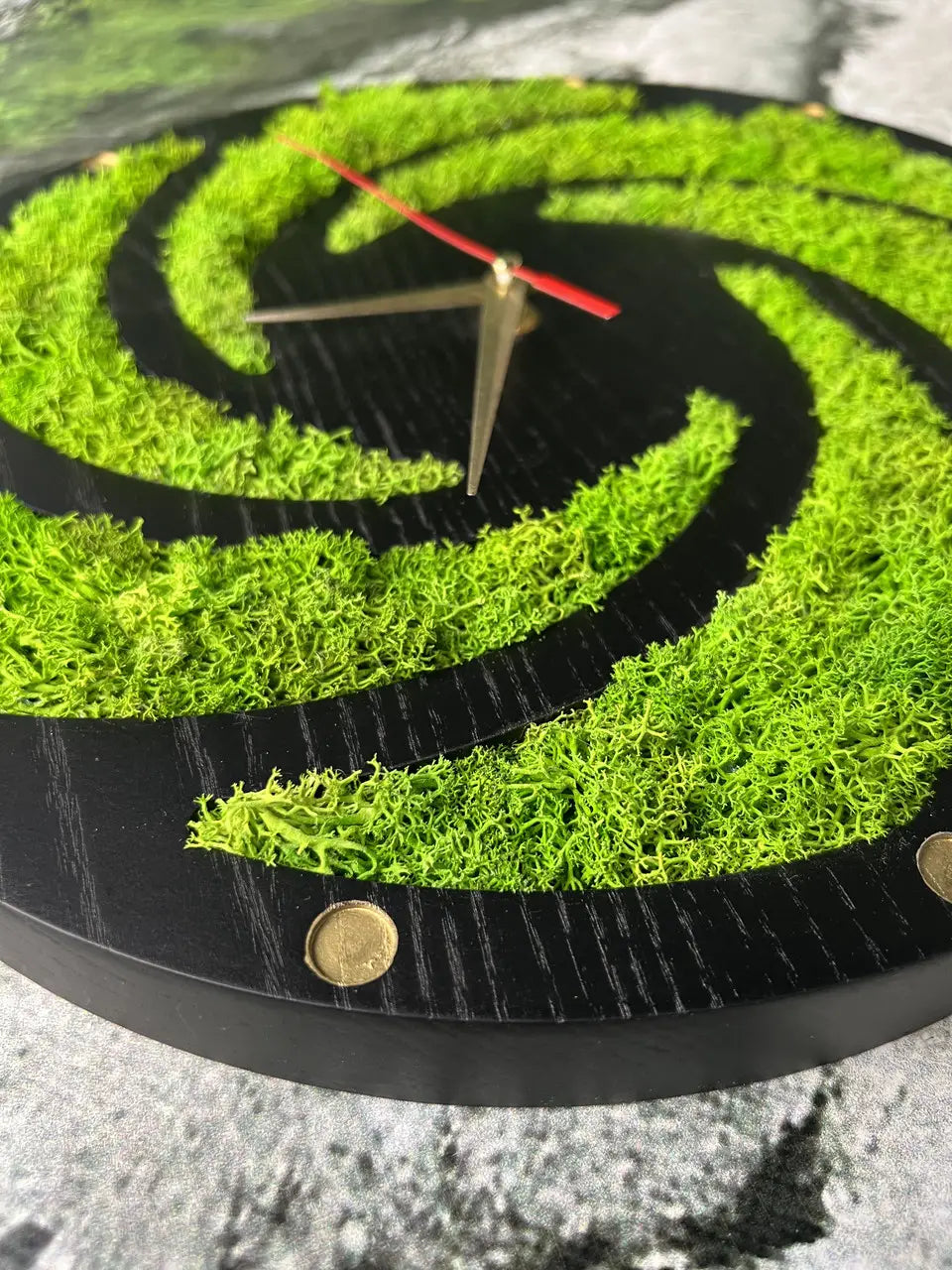 Wooden wall clocks handmade from black ash wood and moss