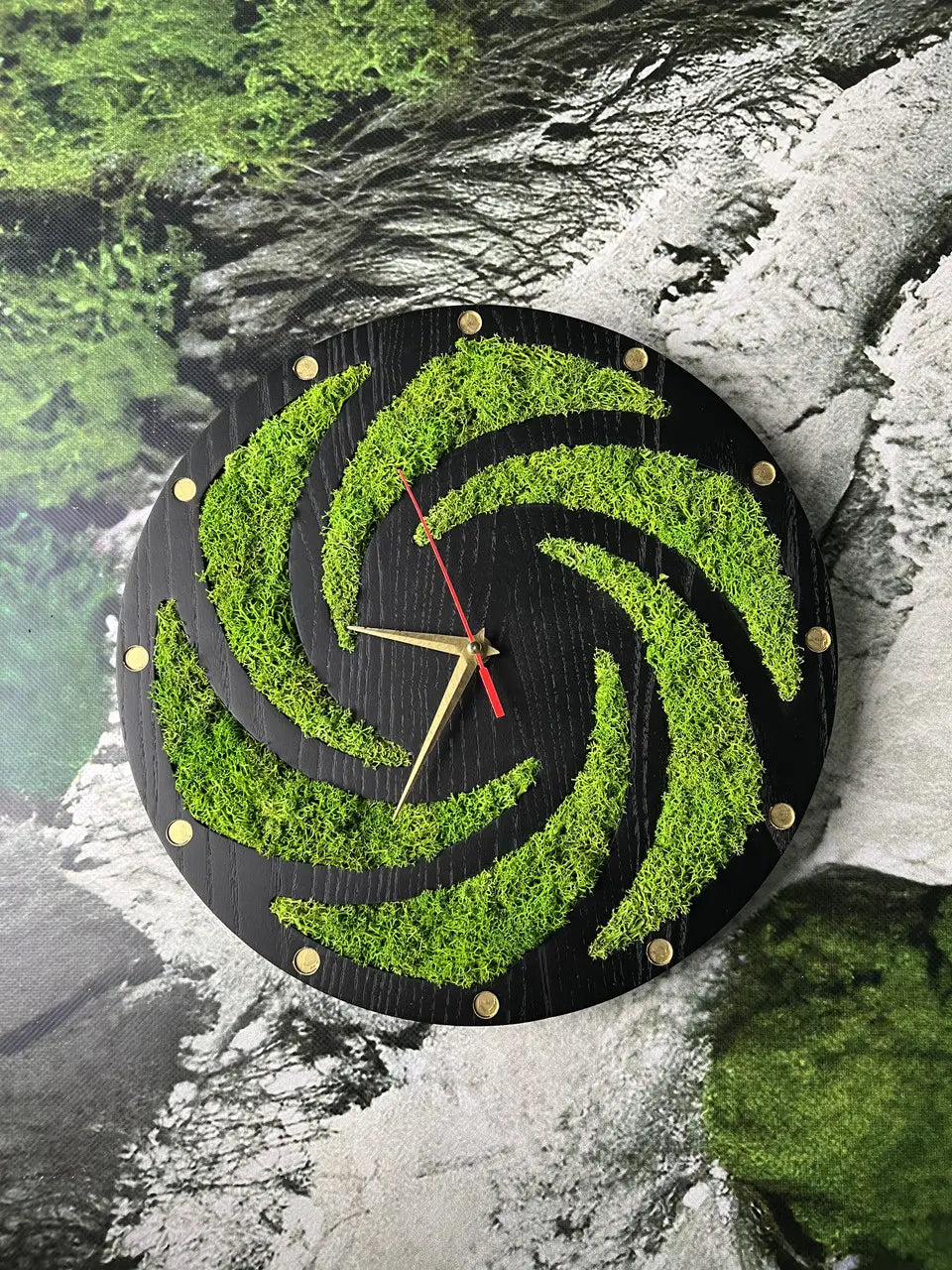 Wooden wall clocks with natural green moss and black ash wood