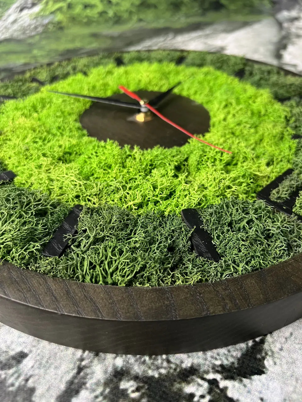 Wooden wall clock with natural moss for modern eco interior