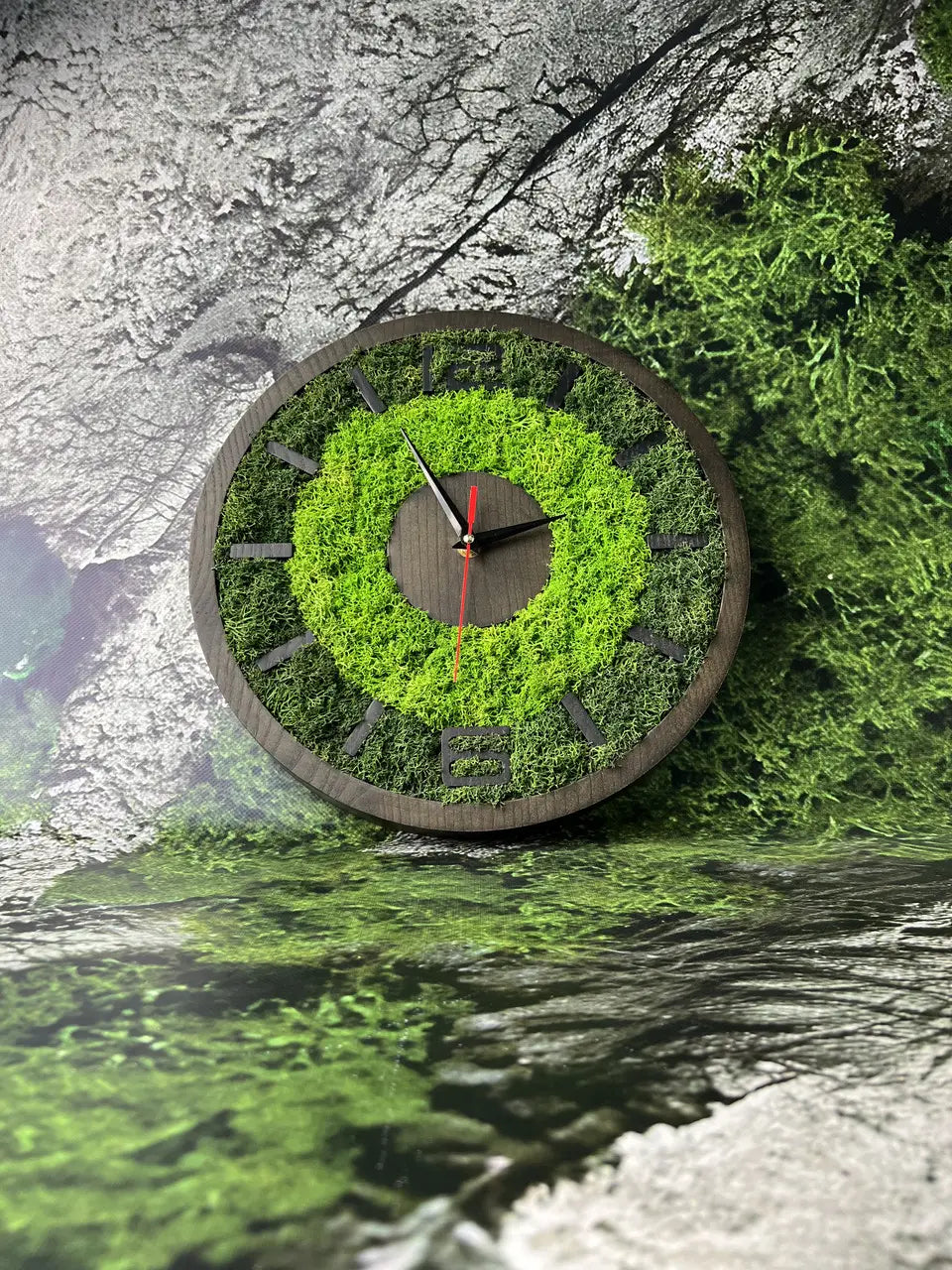 Wooden wall clock handmade from ash wood and preserved moss