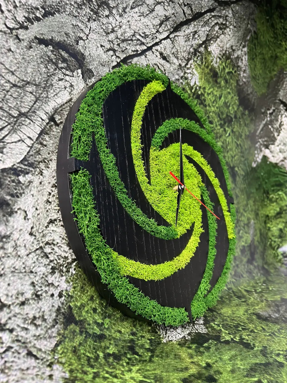 Wood frame wall clocks with green moss spiral design