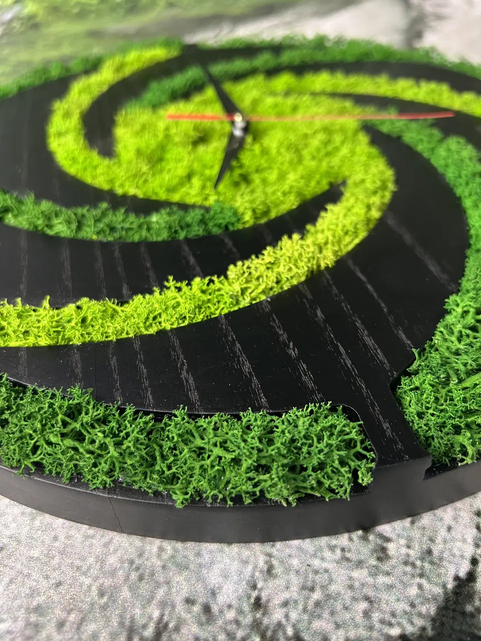 Wood frame wall clocks with dark ash wood and preserved moss