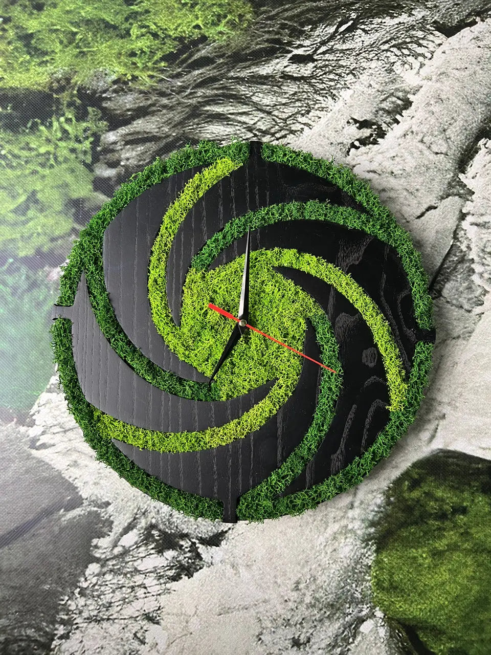 Wood frame wall clocks with natural stabilized green moss
