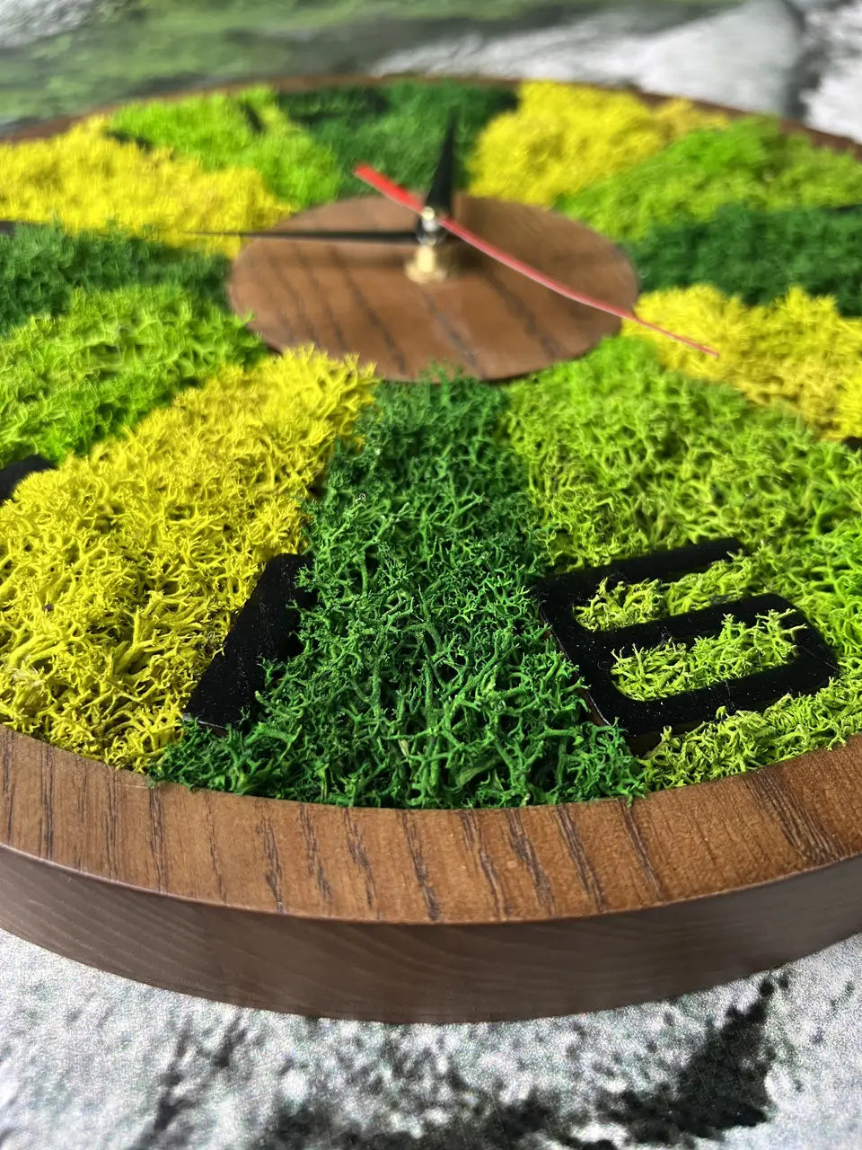Wood wall clocks with preserved moss and wooden center