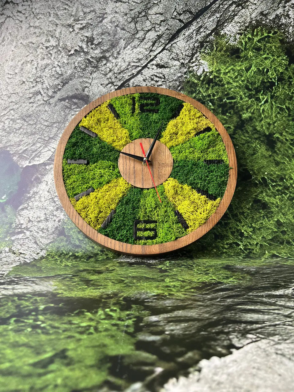 Wood wall clocks handmade from natural ash wood and moss