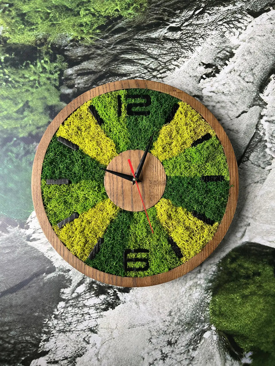 Wood wall clocks with natural stabilized green moss