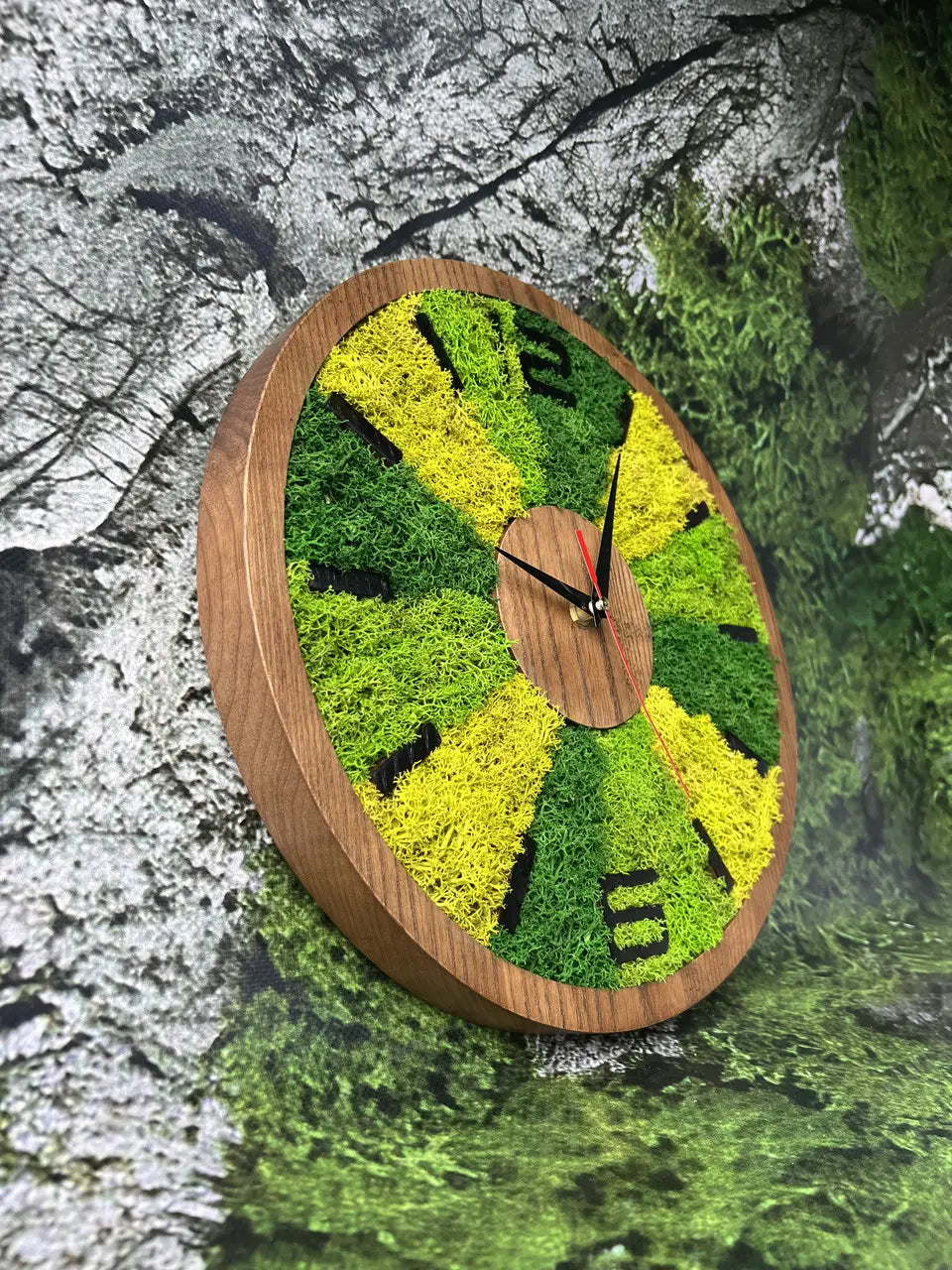 Wood wall clocks with green moss geometric design