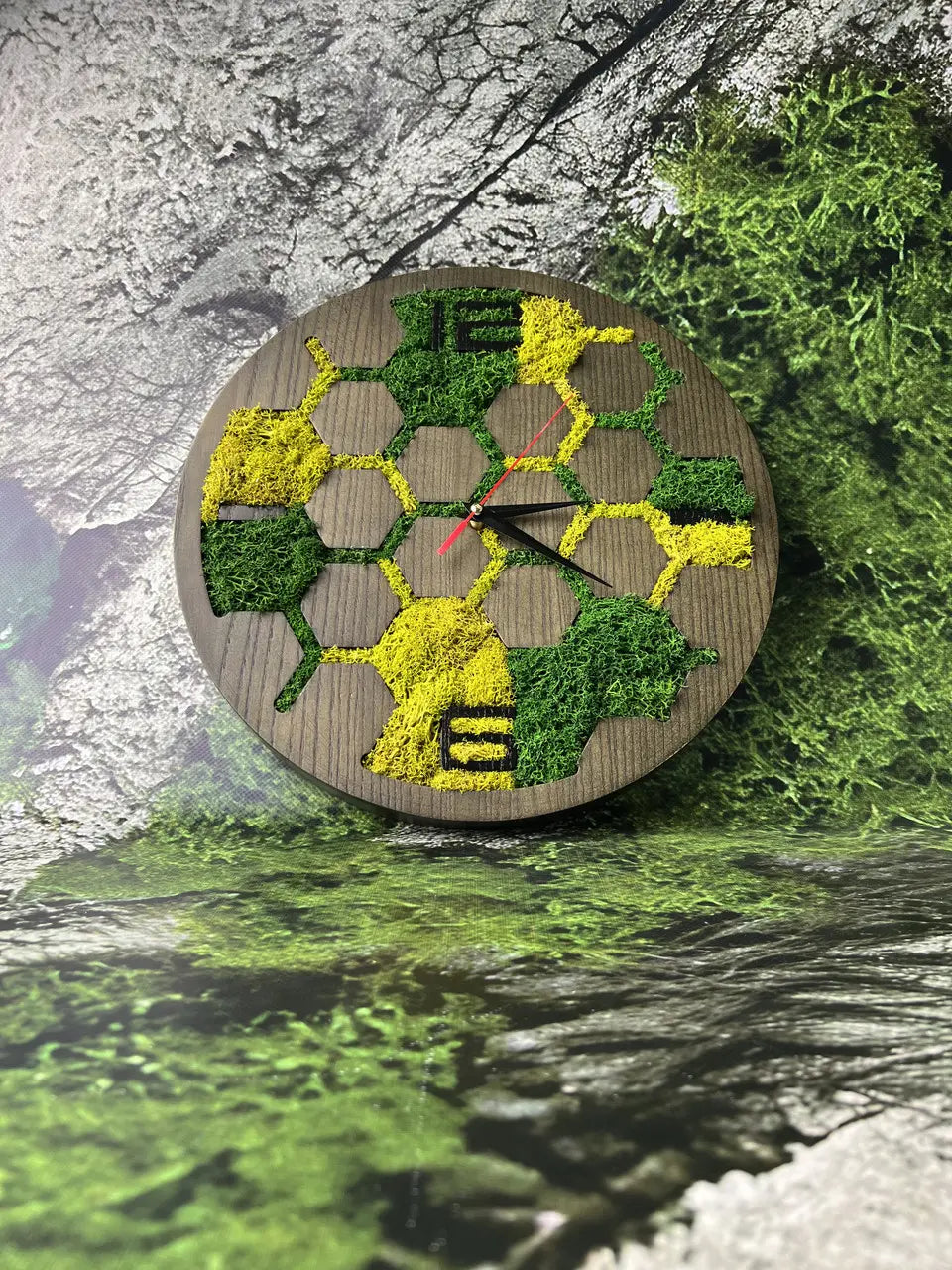 Wooden wall clocks handmade from ash wood and green moss