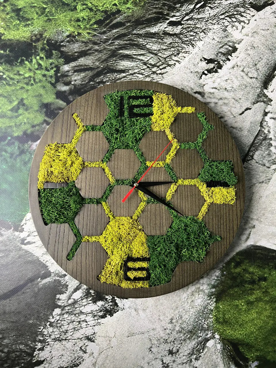 Wooden wall clocks with natural stabilized moss