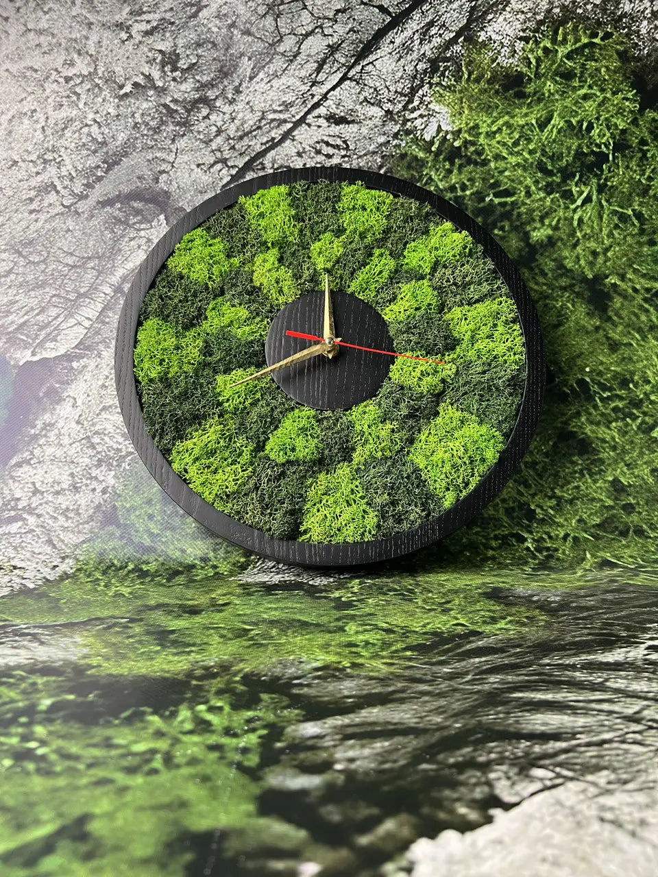 Wooden wall clock handmade from ash wood and moss