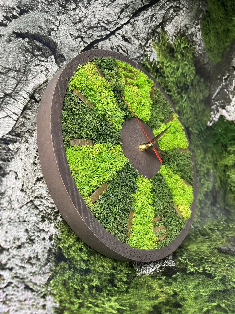 Wood frame wall clocks with segmented moss design