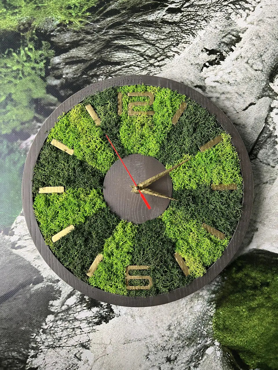 Wood frame wall clocks with natural stabilized moss