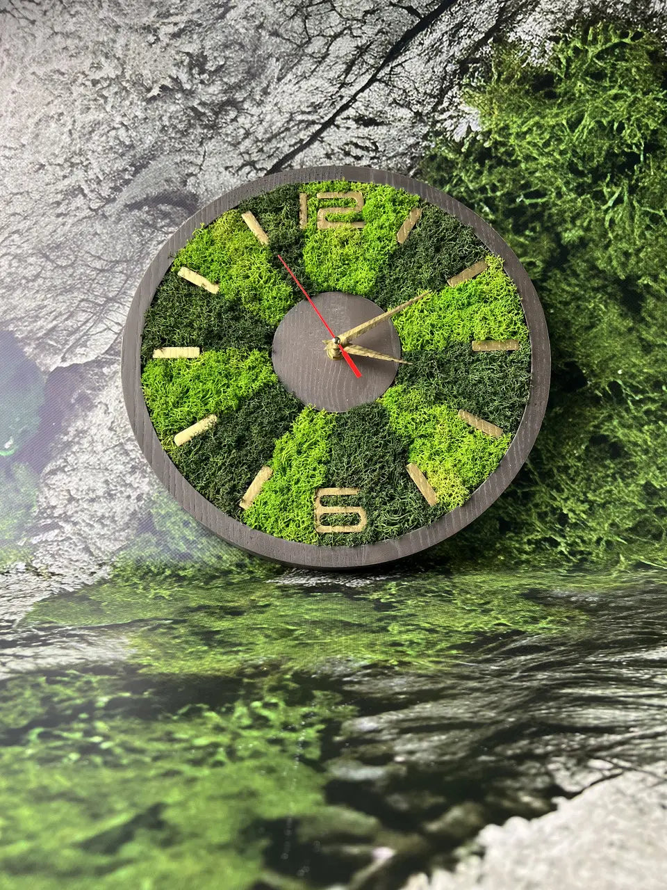 Wood frame wall clocks handmade from ash wood and green moss
