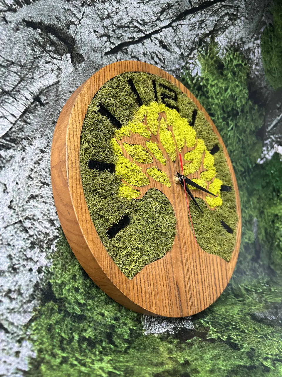 Wood wall clocks decorated with stabilized green moss