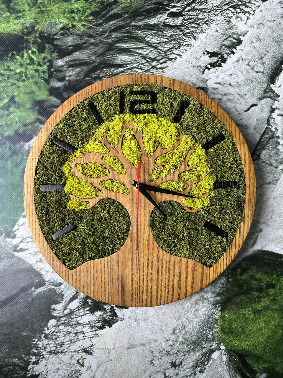 Wood wall clocks with Tree of Life and natural moss