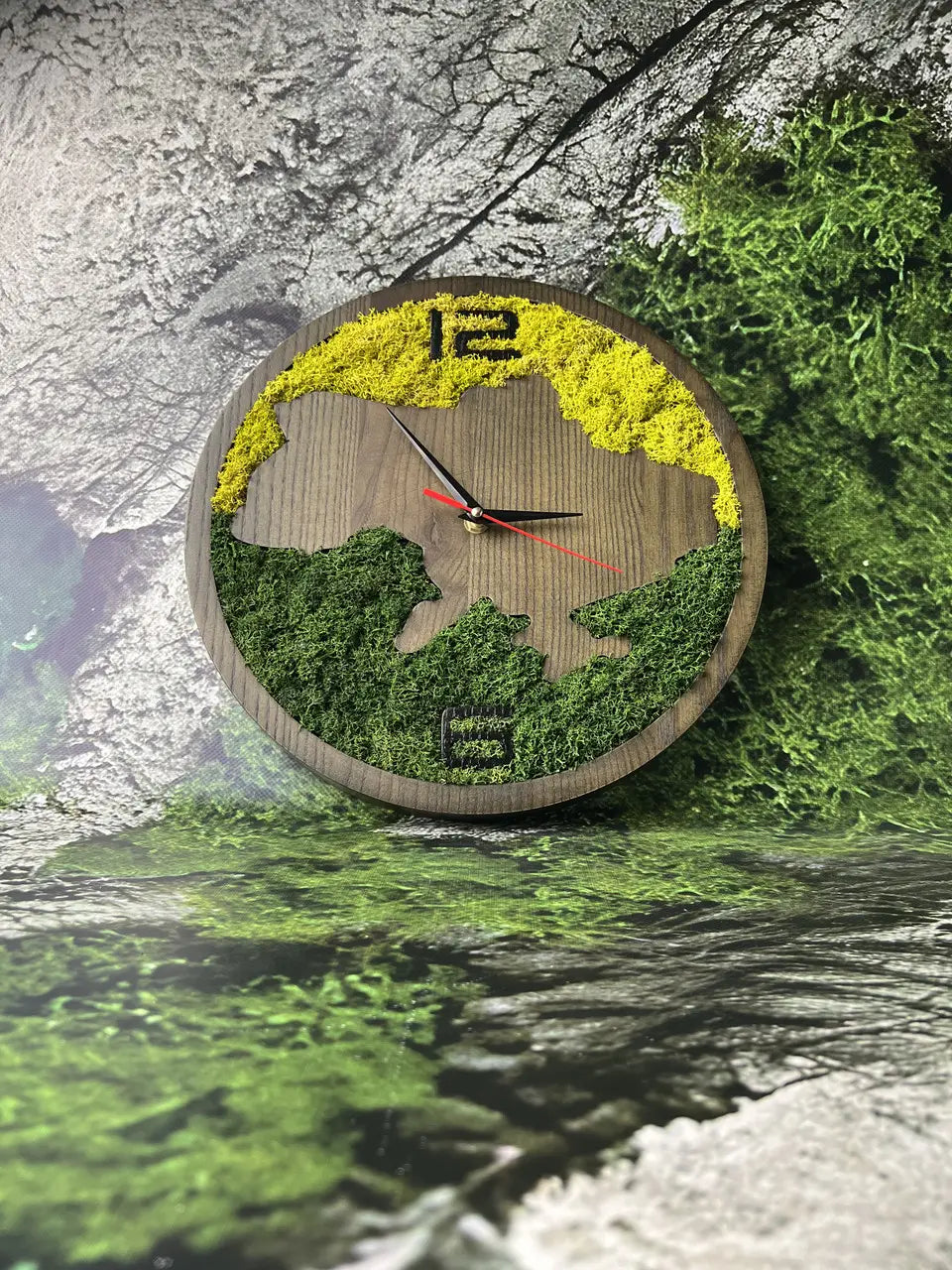 Wood frame wall clocks handmade from natural wood and moss