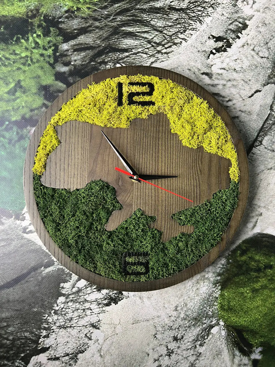 Wood frame wall clocks with natural green and yellow moss
