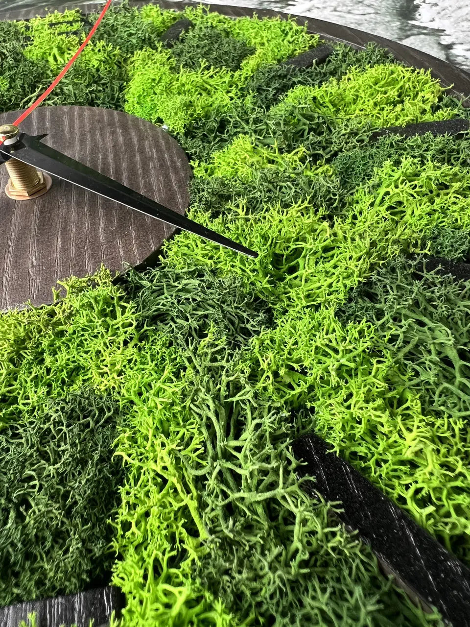 Natural wood and green moss wall clock