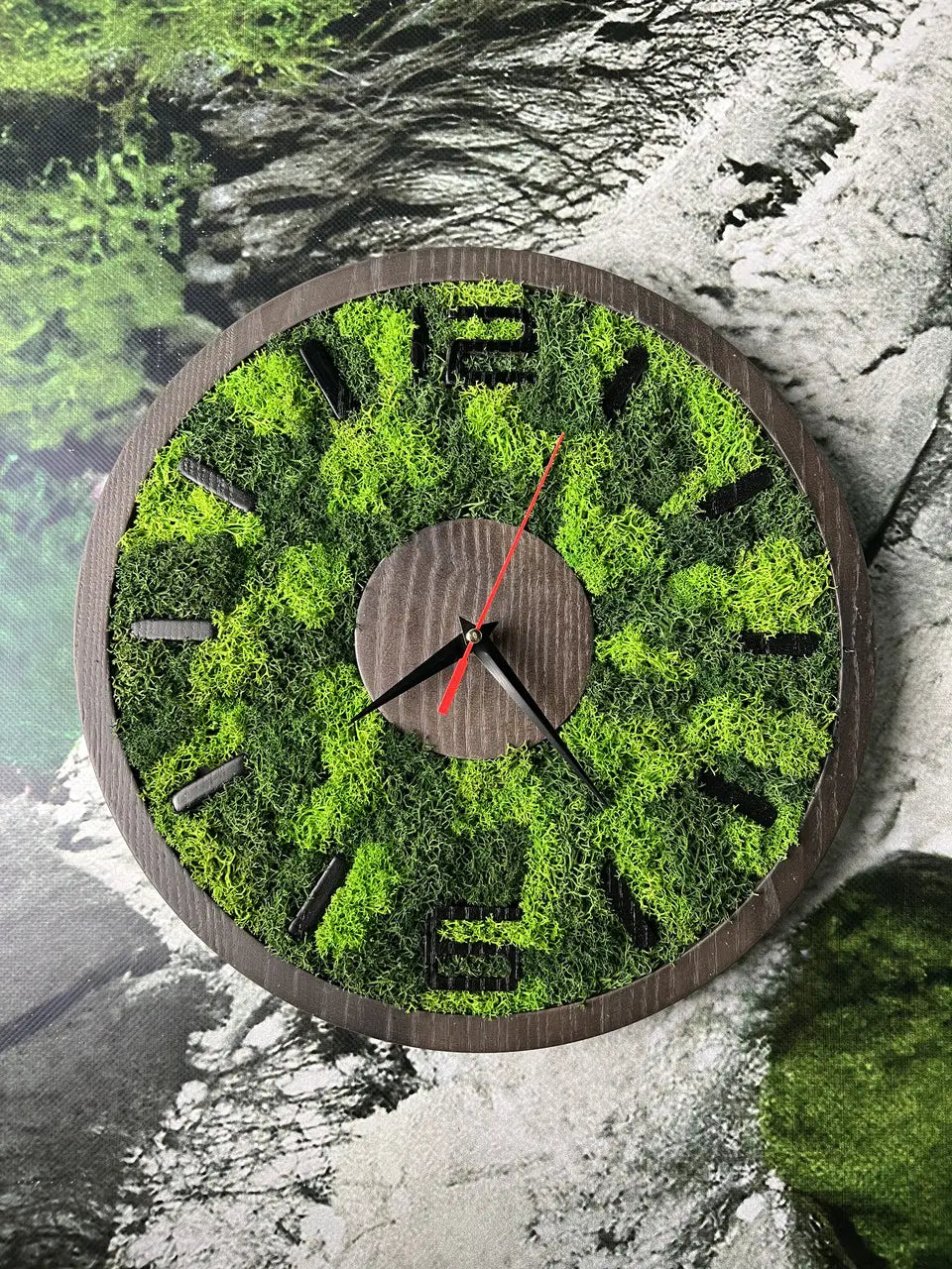 Wooden Wall Clock with natural green moss