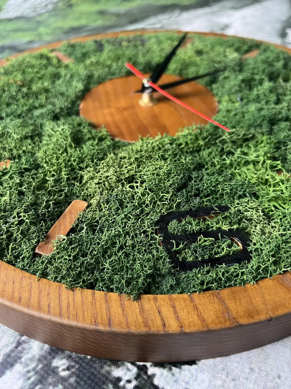 Handmade wood frame wall clock with green moss