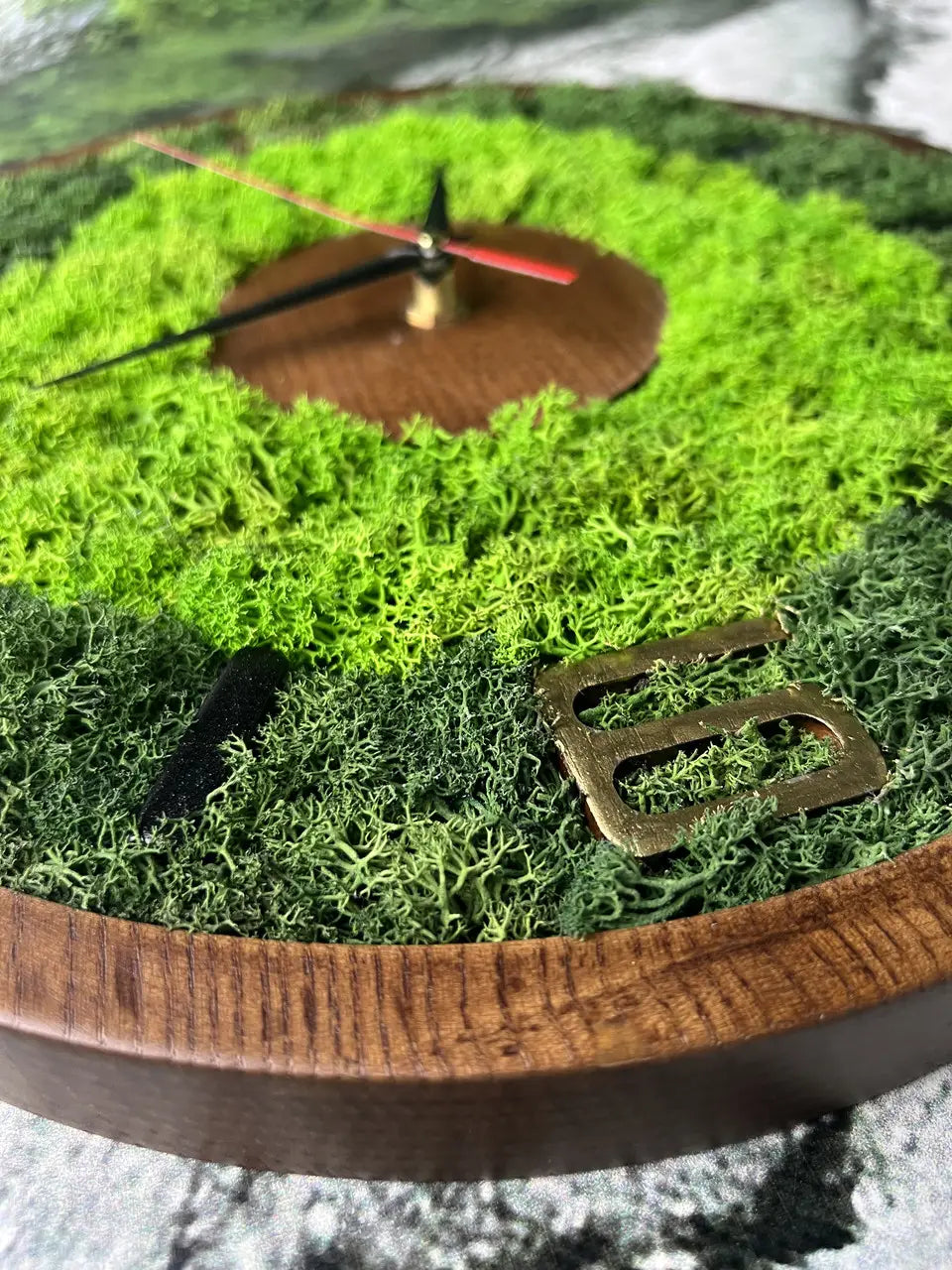 Handmade wood wall clock with green moss rings