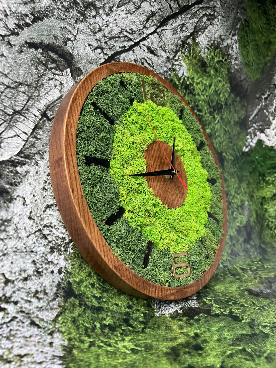 Wood Wall Clocks with layered preserved moss design