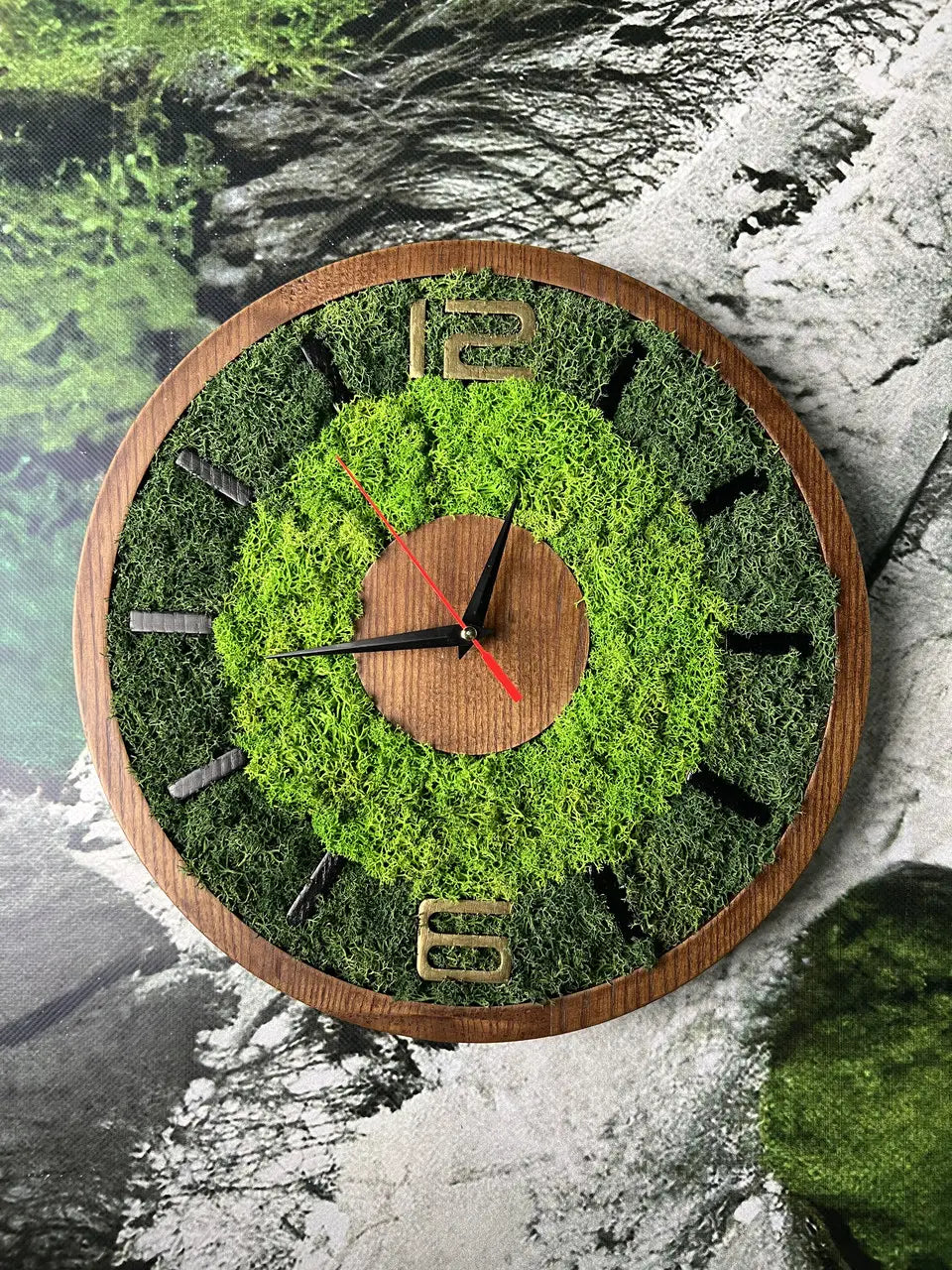Wood Wall Clocks with natural green moss