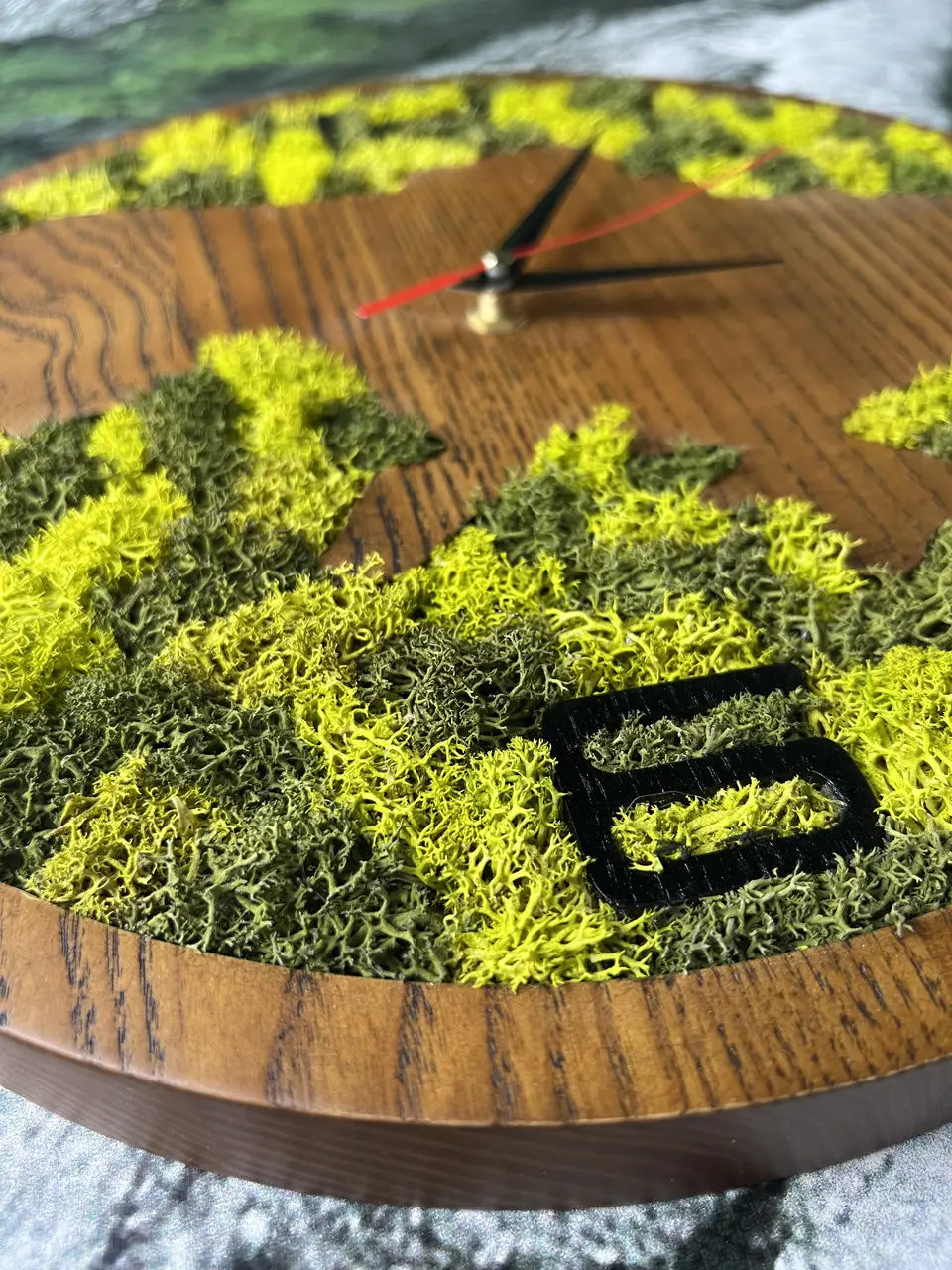 Ash wood wall clock surrounded by green and yellow moss